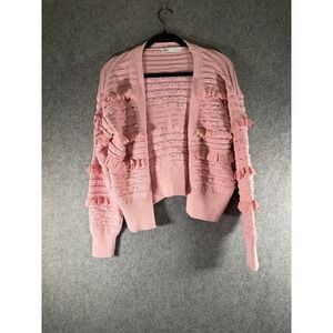 Zara Sweater Medium Pink Ruffle Knit‎ Cardigan Cotton Blend Open Front Coquette
